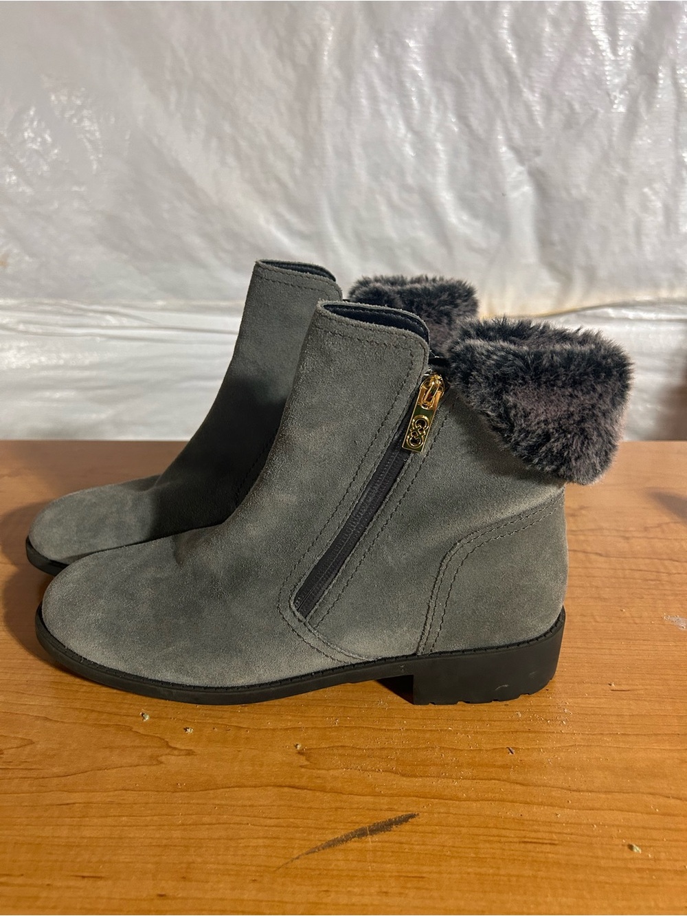 Cole Haan Gray Faux Fur Cuff Side-Zip Ankle Booties
